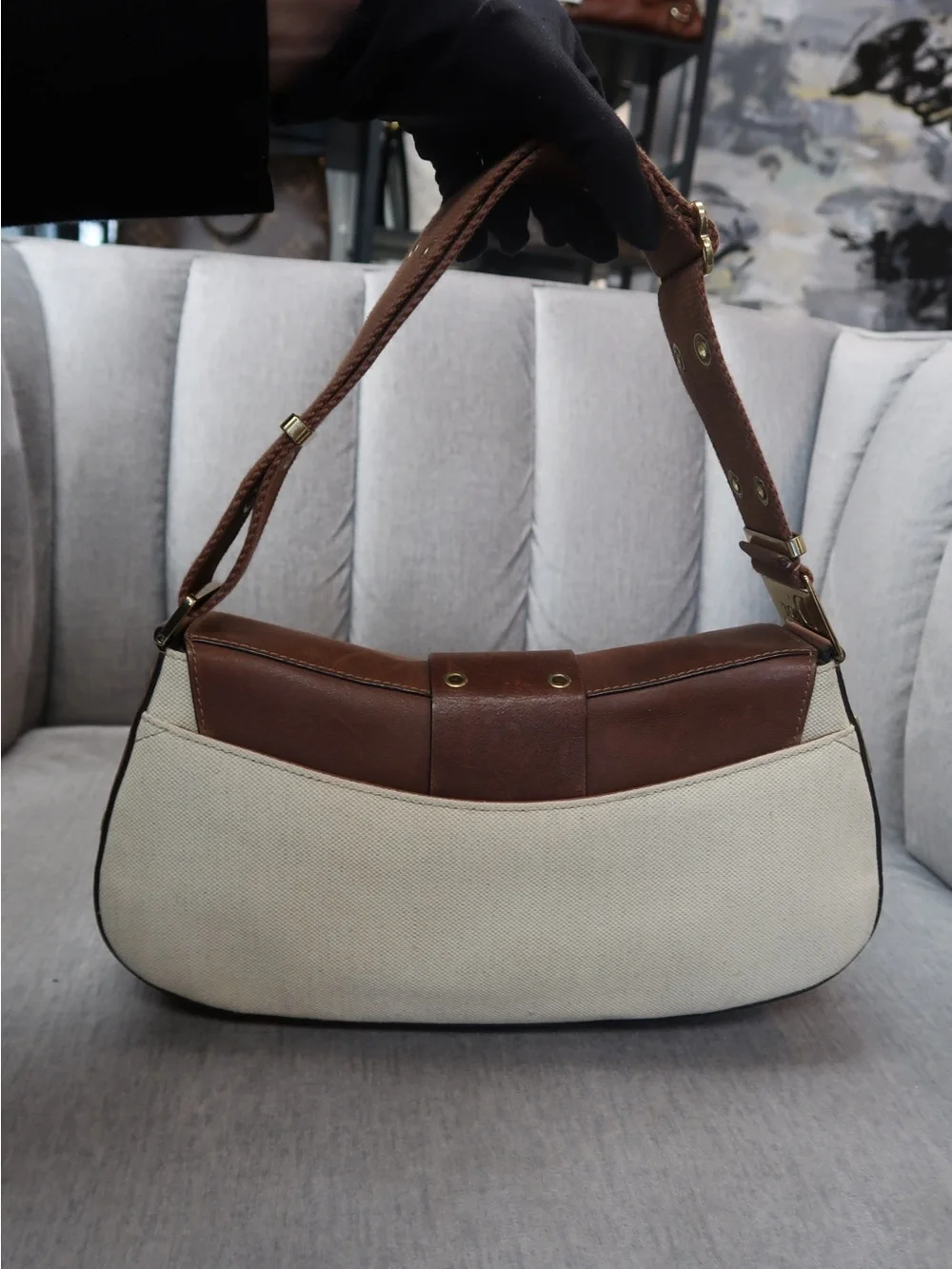 Dior Brown & Cream Canvas Shoulder Bag with Gold Hardware - Picture 6 of 10
